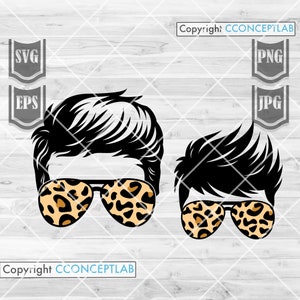 May include: Two black and white silhouette illustrations of people with short hairstyles wearing sunglasses with a leopard print pattern.