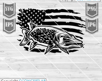 US Flag Pike Fish // Pike Fish svg // Fishing svg // Pike Fish Cut Files // Lake Fishing // River Fishing // US Fishing Shirt // archivos de corte