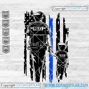 Blauwe dunne lijn vader en zoon politie-svg | Clipart Amerikaanse politieagent | Eerstehulpverlenersbestand vader | EMT-sjabloon | Patriottisch shirt png| Politieagenten