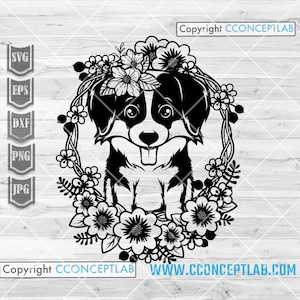 Baby Floral Australian Shepherd svg / Flower Dog Clipart / Paw Lover Shirt png / Doggo Mom Cutfile / Puppy Dad Stencil / Hooman Pet Gift Idea