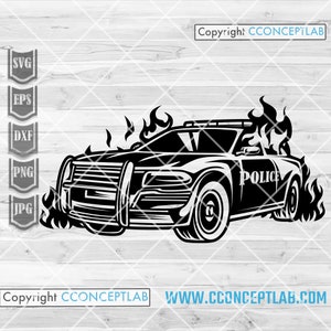 Police Car in Fire svg / Car Owner Clipart / Fire Buster Stencil / Ride on Flame Cutfile / Blue thin Line Vehicle dxf / Vintage NYPD Car png