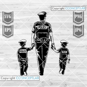 以下が含まれることがあります： 警察の帽子とシャツを着た警察官が2人の子供と歩いている、黒と白のシルエット。シャツには「警察」と書かれている。