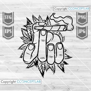 May include: Black and white line art illustration of a hand holding a joint with smoke rising from it. The hand is surrounded by marijuana leaves.