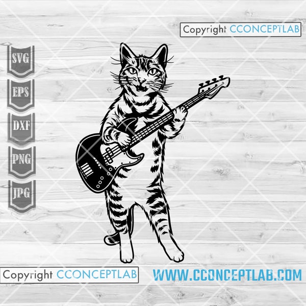 Funny Cat Playing Bass svg | Bassist Animal Clipart | Curious Cat Stencil | Cute Kitten dxf | Rockstar Cat Shirt png | Bass Player Rocker