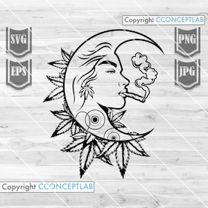 May include: Black and white line art illustration of a woman's face with long hair, smoking a cigarette, inside a crescent moon shape. The moon is surrounded by marijuana leaves.