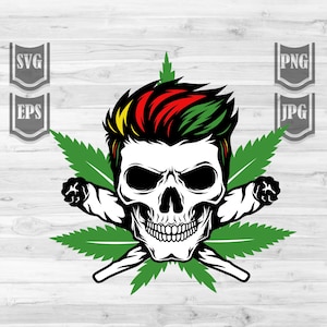 Puede incluir: Una calavera con un peinado mohawk rojo, amarillo y verde está rodeada por dos hojas de marihuana y dos porros cruzados.