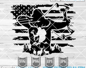 Könnte beinhalten: Schwarz-weiße Silhouette eines Bogenschützen mit Bogen und Pfeil, der vor einer amerikanischen Flagge steht. Der Bogenschütze trägt eine Kapuzenjacke und hat einen Hirschkopf auf dem Kopf. Im Hintergrund befinden sich Bäume und Hirsche.