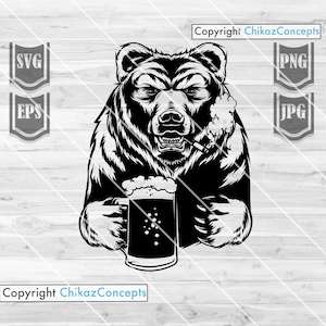 Ours sauvage buvant de la bière et fumant svg | Pochoir Grizzly Bear | Booze Life Shirt png | Fumer Cigar Animal Cutfile | Cadeaux de gardien d’équipage de zoo