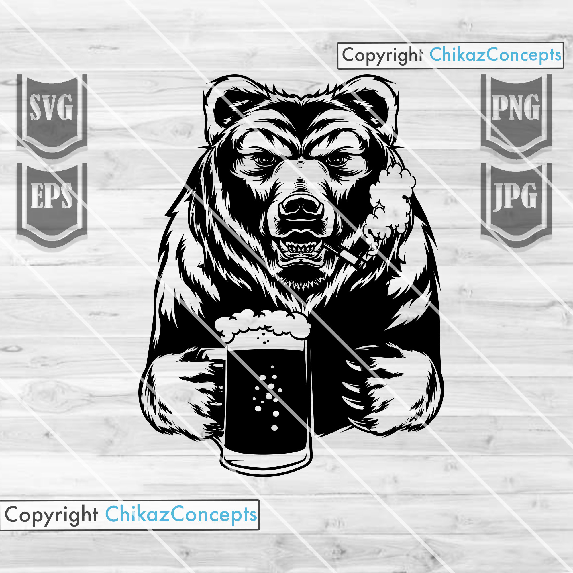 Wild Bear Drinking Beer and Smoking Svg | Grizzly Bear Stencil