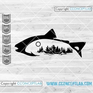 Escena de pesca de trucha svg / Clipart de peces del lago / Archivo de corte de animales de río / Camisa de papá pescador png / Plantilla de pesca / Regalos de pescadores dxf / Al aire libre