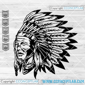 Svg amérindien | Clipart indien | Chemise tribale pour papa png | Ancien hommage à l'ancien dxf | Fichier découpé Woodland Tribe | Pochoir de coiffure en plumes