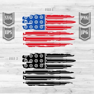 May include: A distressed American flag design with red, white, and blue stripes. The stripes are made up of bullet casings. The design is available in two color variations: red, white, and blue, and black and white.
