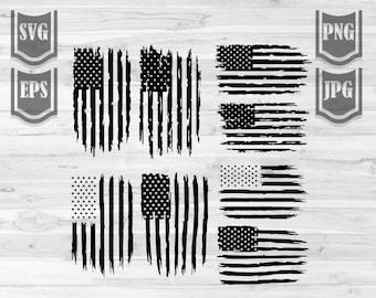 May include: A set of 10 distressed American flag designs in black and white. The flags are in various sizes and have a grunge or weathered look.