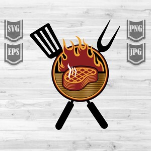 Puede incluir: Una ilustración roja y amarilla de un filete en una parrilla con llamas, una espátula y un tenedor cruzados detrás.