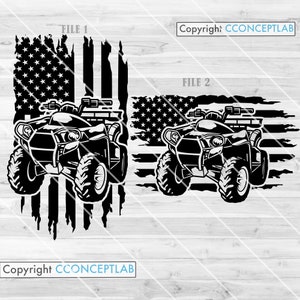 May include: Black and white silhouette of an ATV with an American flag background. The ATV is in the center of the image and the flag is behind it. The flag is distressed and has a grunge look. The text "FILE 1" is at the top of the image and the text "Copyright CCONCEPTLAB" is at the bottom of the image.
