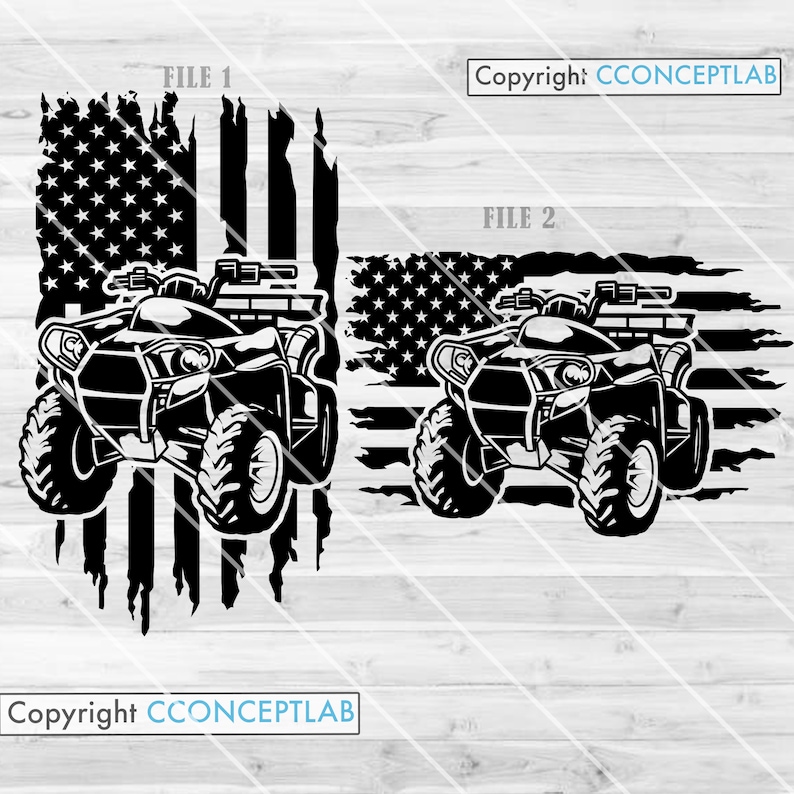 May include: Black and white silhouette of an ATV with an American flag background. The ATV is in the center of the image and the flag is behind it. The flag is distressed and has a grunge look. The text "FILE 1" is at the top of the image and the text "Copyright CCONCEPTLAB" is at the bottom of the image.