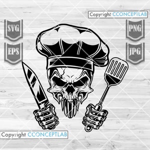 May include: Black and white illustration of a skull wearing a chef's hat and holding a knife and spatula. The skull has a menacing expression.