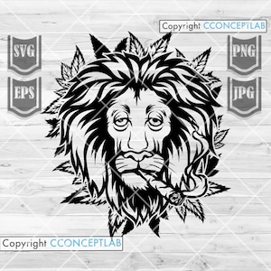 May include: Black and white illustration of a lion's head with a marijuana leaf design. The lion is smoking a joint.