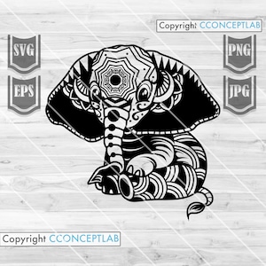 May include: Black and white line art illustration of a stylized elephant with intricate mandala patterns. The elephant is sitting with its trunk curled up and its ears spread out.