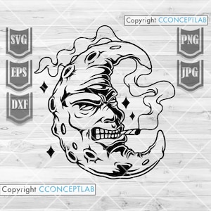 May include: Black and white illustration of a crescent moon with a human face smoking a cigarette. The moon has a sinister expression and is surrounded by smoke.