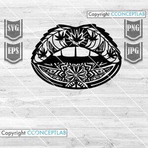 Puede incluir: Gráfico en blanco y negro de labios estilizados con diseños de hojas de cannabis y mandala. La imagen incluye iconos de tipo de archivo SVG, EPS, PNG y JPG, y el texto "Copyright CCONCEPTLAB".
