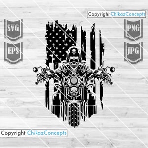 May include: Black and white illustration of a skeleton riding a motorbike in front of a distressed American flag. The skeleton is wearing a leather jacket and helmet. The motorbike has a skull on the front.