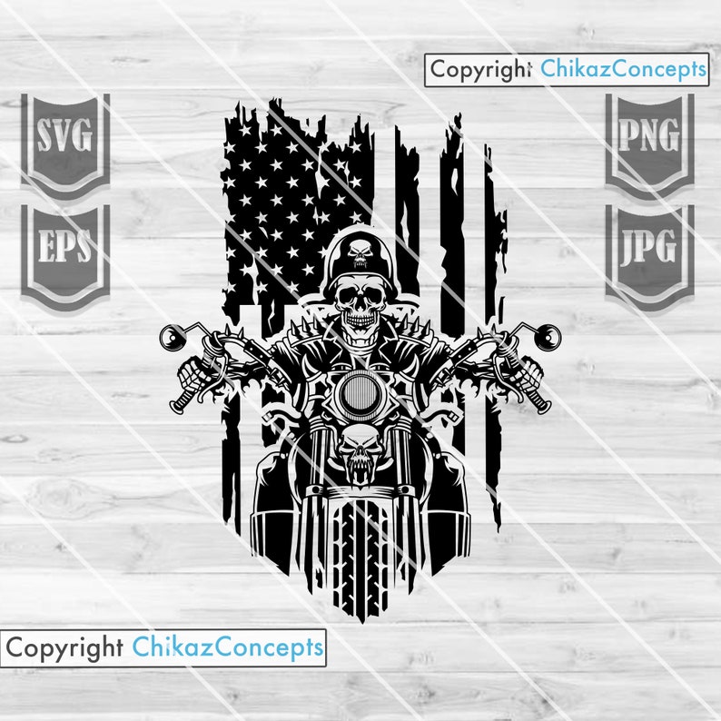 May include: Black and white illustration of a skeleton riding a motorbike in front of a distressed American flag. The skeleton is wearing a leather jacket and helmet. The motorbike has a skull on the front.