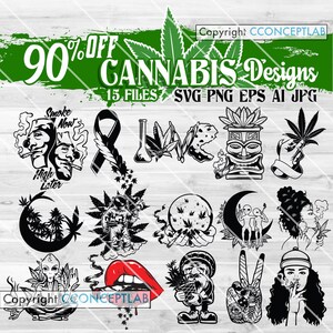 Peut inclure: Une collection de motifs sur le thème du cannabis en noir et blanc. Les motifs comprennent des illustrations de visages fumant, un ruban, un bécher avec des feuilles, une tête tiki, des mains tenant des feuilles, un astronaute, une lune, des extraterrestres, des lèvres et un signe de paix. Le texte comprend "90% OFF CANNABIS Designs" et "Smoke Now High Later".