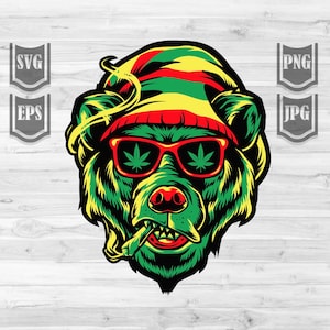 Puede incluir: Ilustración colorida de un oso con gafas de sol rojas con diseños de hojas de cannabis, un gorro rojo y verde y fumando un cigarrillo. El oso es verde y amarillo con contornos negros. La imagen incluye etiquetas SVG, EPS, PNG y JPG.