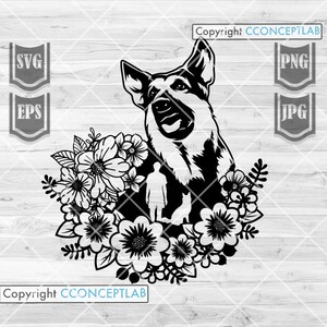 花柄ジャーマンシェパード svg | 警察犬カットファイル | 介助犬のステンシル | 軍用犬のクリップアート | 花の動物 dxf | 犬のお父さんシャツ png