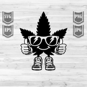 May include: A black and white cartoon illustration of a marijuana leaf wearing sunglasses and giving a thumbs up with both hands. The leaf is wearing trainers with marijuana leaf designs.