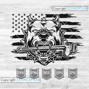 May include: Black and white illustration of a dog's head with a wrench in its mouth. The dog is snarling and has a fierce expression. The background is a stylized American flag.