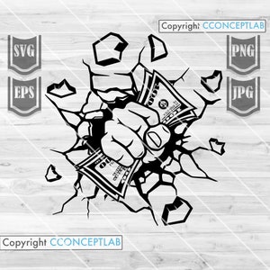 Smash Punch Money svg | US Dollar Bill Clipart | Paper Money Cutfile | Cracked Wall dxf | Dollar Sign Fist Stencil| Hipster Hippie Rich Kid