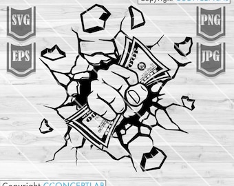 Smash Punch Money svg \| US Dollar Bill Clipart \| Paper Money Cutfile \| Cracked Wall dxf \| Dollar Sign Fist Stencil\| Hipster Hippie Rich Kid