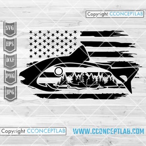 US Trout Fishing Scene svg / Lake Fish Clipart / River Animal Cutfile / Angler Dad Shirt png / Angling Stencil / USA Fisherman Gift Idea dxf