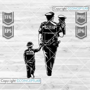 Könnte beinhalten: Schwarze und weiße Silhouette eines Polizisten, der mit zwei Kindern geht. Der Polizist trägt eine Polizeiuniform mit dem Wort "POLICE" auf der Brust. Die Kinder tragen kleinere Versionen der gleichen Uniform. Der Polizist trägt ein Kind auf seinen Schultern und hält die Hand des anderen Kindes.