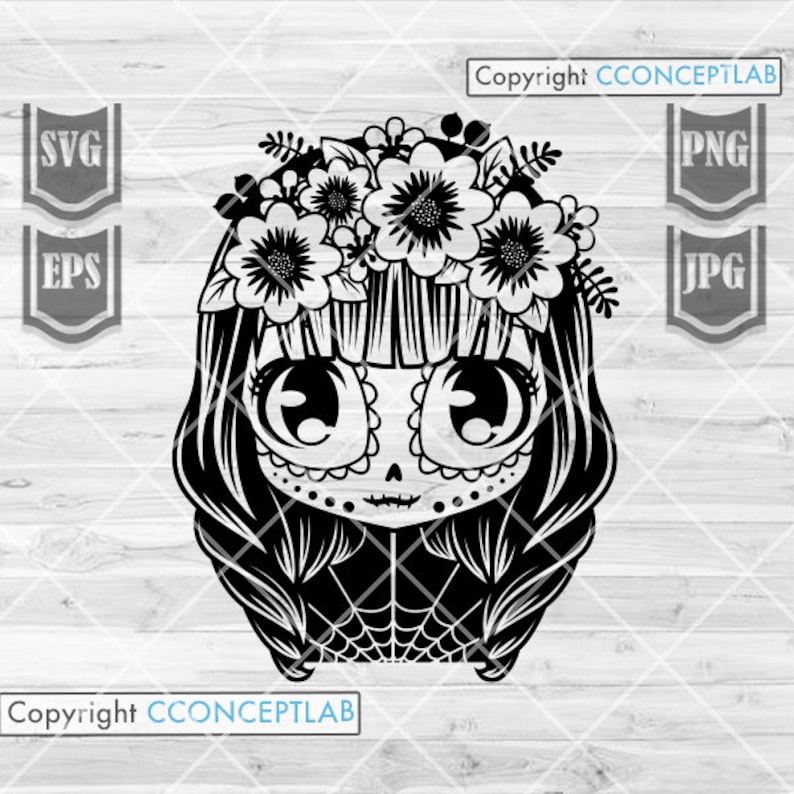 May include: Black and white illustration of a girl with a skull face and a flower crown. She has large eyes and long hair. The image is in a cartoon style.