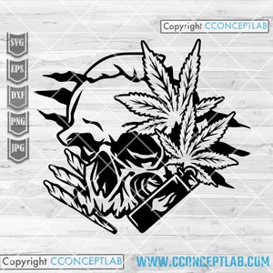May include: Black and white graphic design featuring a skull, cannabis leaves, and a lighter. The design includes the text "Copyright CCONCEPTLAB" and "WWW.CCONCEPTLAB.COM". The image also includes file type icons for SVG, EPS, DXF, PNG, and JPG.