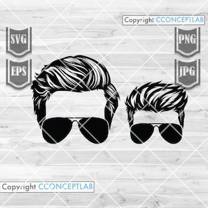 Peut inclure: Deux illustrations en silhouette noire et blanche d'hommes aux cheveux courts et coiffés portant des lunettes de soleil. Les hommes sont de face et ont un espace vide pour un visage.
