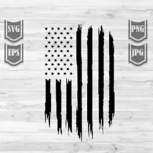 May include: A distressed black and white American flag design with a faded, worn look. The stars and stripes are visible, but the edges are frayed and ragged.