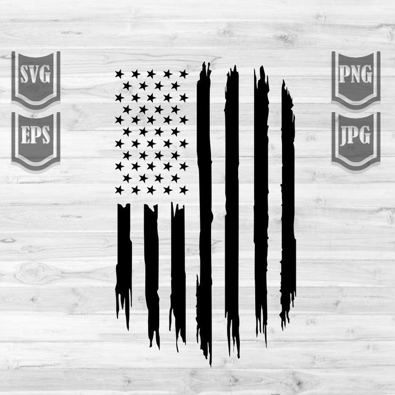 May include: A distressed black and white American flag design with a faded, worn look. The stars and stripes are visible, but the edges are frayed and ragged.