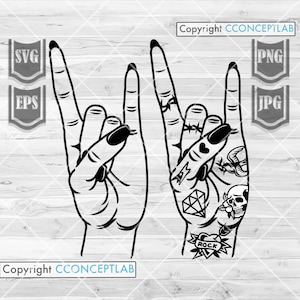 Vrouw Hand Rock Teken met Tattoo svg | Rocker Mom Clipart | Pretty Rock Chick Stencil| Getatoeëerde Gotische Zwarte Vinger Nagels Cut File Shirt png