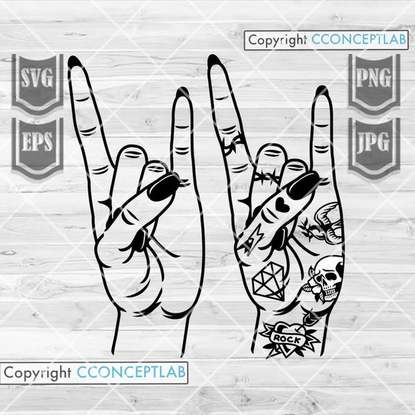 Woman Hand Rock Sign with Tattoo svg | Rocker Mom Clipart | Pretty Rock Chick Stencil| Tattooed Gothic Black Finger Nails Cut File Shirt png