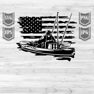 May include: Black and white silhouette of a person fishing from a kayak with a distressed American flag background.