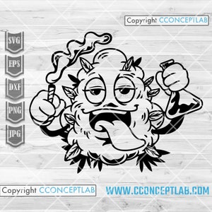 Può includere: Illustrazione di cartone animato in bianco e nero di un germoglio di marijuana con un viso umano, con un sorriso sciocco, che tiene una canna in una mano e un becher nell'altra. Il germoglio ha una lunga lingua che sporge e indossa un'espressione rilassata.