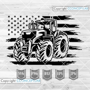 May include: Black and white silhouette of a tractor driving in front of an American flag with a distressed look. The tractor has large tires and a cab with a windshield. The flag has red and white stripes and white stars on a blue field.