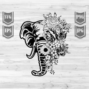 May include: Black and white silhouette of an elephant's head with a floral arrangement of roses and other flowers.