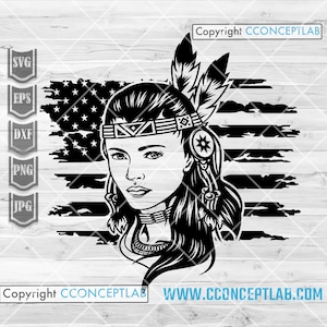 Chica india estadounidense svg / Plantilla nativa americana / Archivo de corte de América antigua / Imágenes prediseñadas de tocado de plumas / Antigua dama guerrera dxf / png patriótico