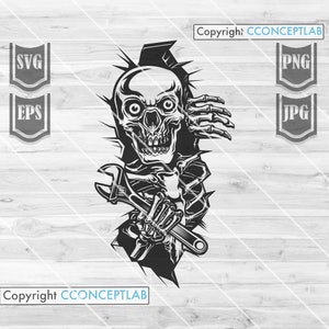 Peeking Mechanic Skull svg | Mechanic Cutfile | Mechanical Tool Stencil | Mechanic Dad Shirt png | Wrench dxf | Repairman Gift Idea Clipart