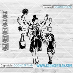 May include: Black and white illustration of a woman with multiple arms juggling various tasks, including holding a baby, carrying groceries, and cleaning. The woman is wearing a long coat and has angel wings. A young girl is holding her hand and walking beside her.